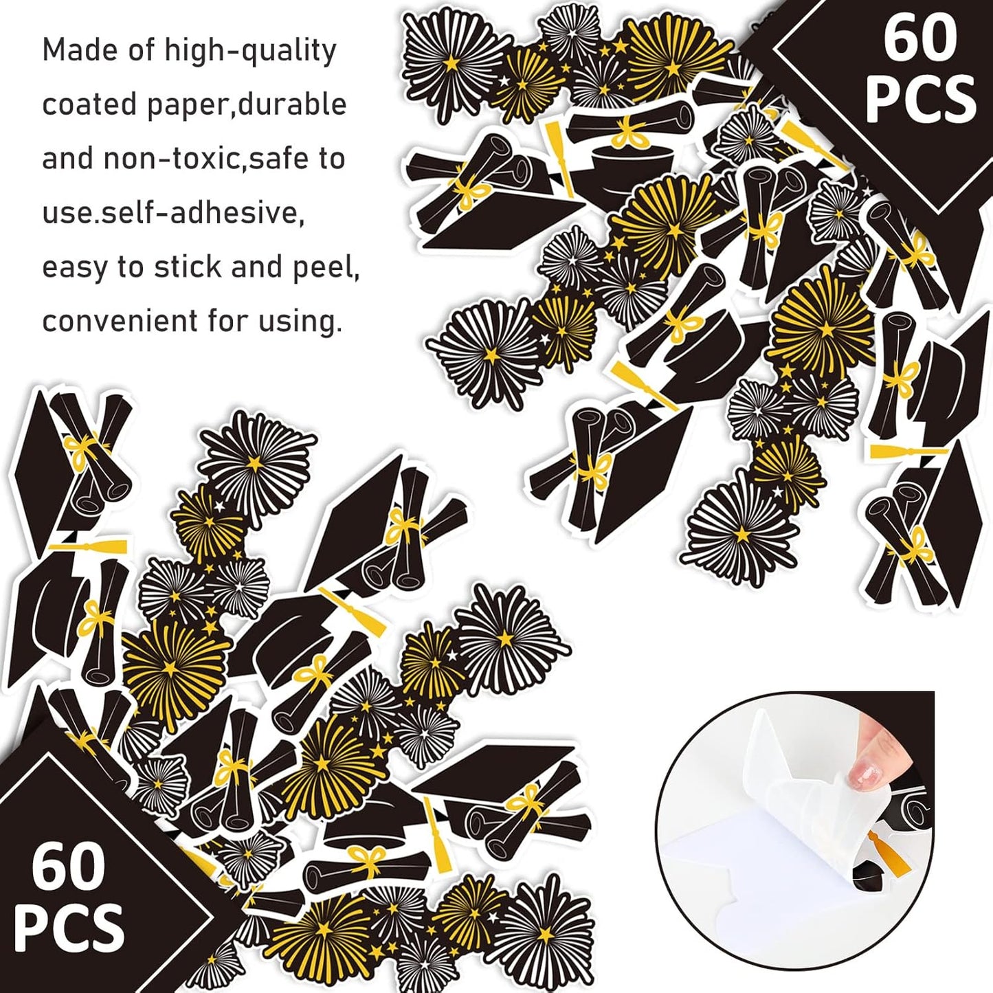 Whaline Graduation Bulletin Board Border - 69Ft Black, Gold & White Cap Firework Design for School Decor