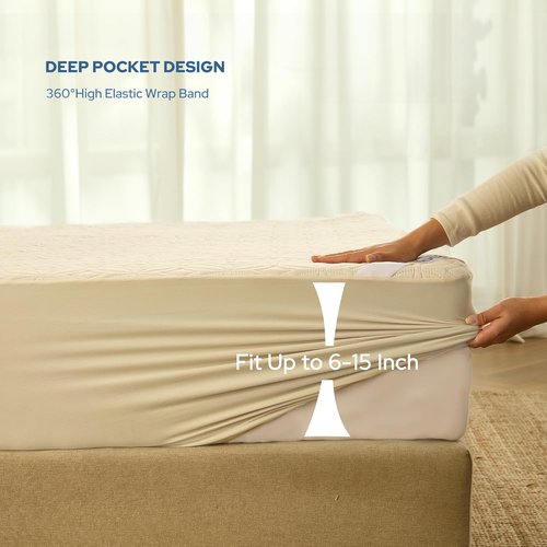 BEDLORE Waterproof Mattress Protector - King Size Noiseless Pad with Deep Pocket (6"-18" Depth) - Soft & Washable Beige Cover