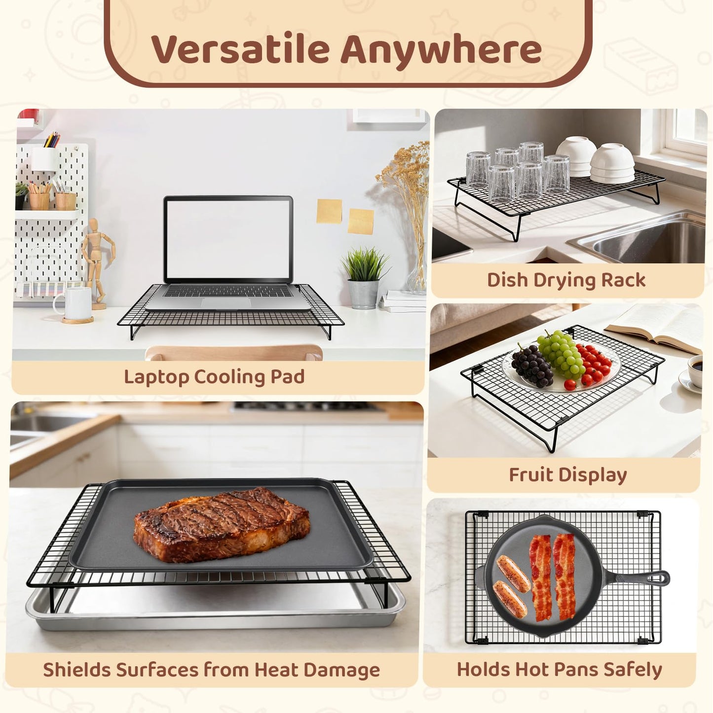 Vehookin 2 Tier Stackable Cooling Rack for Cooking and Baking, Wire Rack for Baking Sheet w/100 Parchment Papers, 16.7" x 11" Cookie Cooling Rack for Pizza, Bread,Cake,Veggie,Jerky, Drying Baking Rack