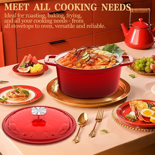 Enameled Cast Iron Dutch Oven - 5 Quart, Exclusive Designed Crab Lid, Oversized Knob, for Bread Baking Braiser Cooking - Red
