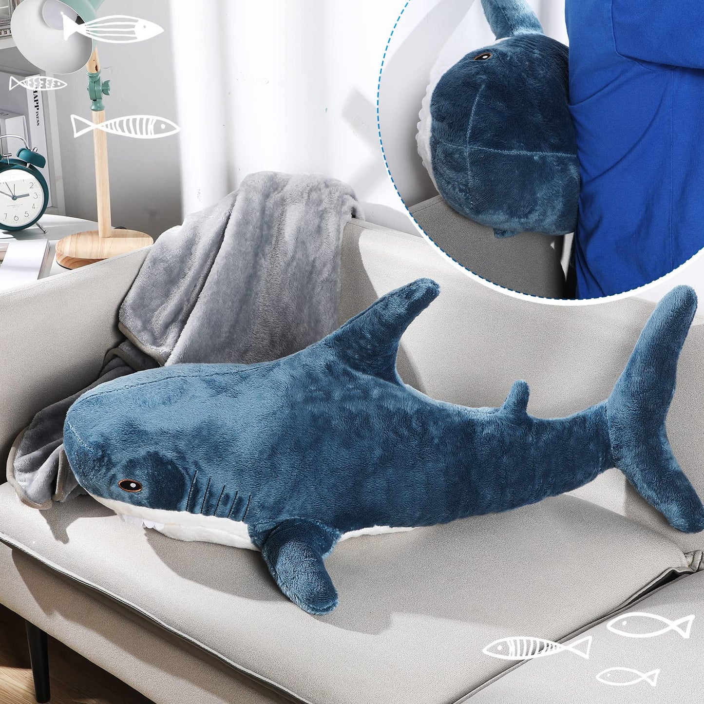 HyDren Shark Stuffed 2 in 1 Plush Toys Animal Shark with Blanket 32 Inch Giant Big Large Stuffed Pillow Blanket Soft Doll for Baby Toddlers Kids Boys Girls Women Home Room Decor Gifts(Dark Blue)