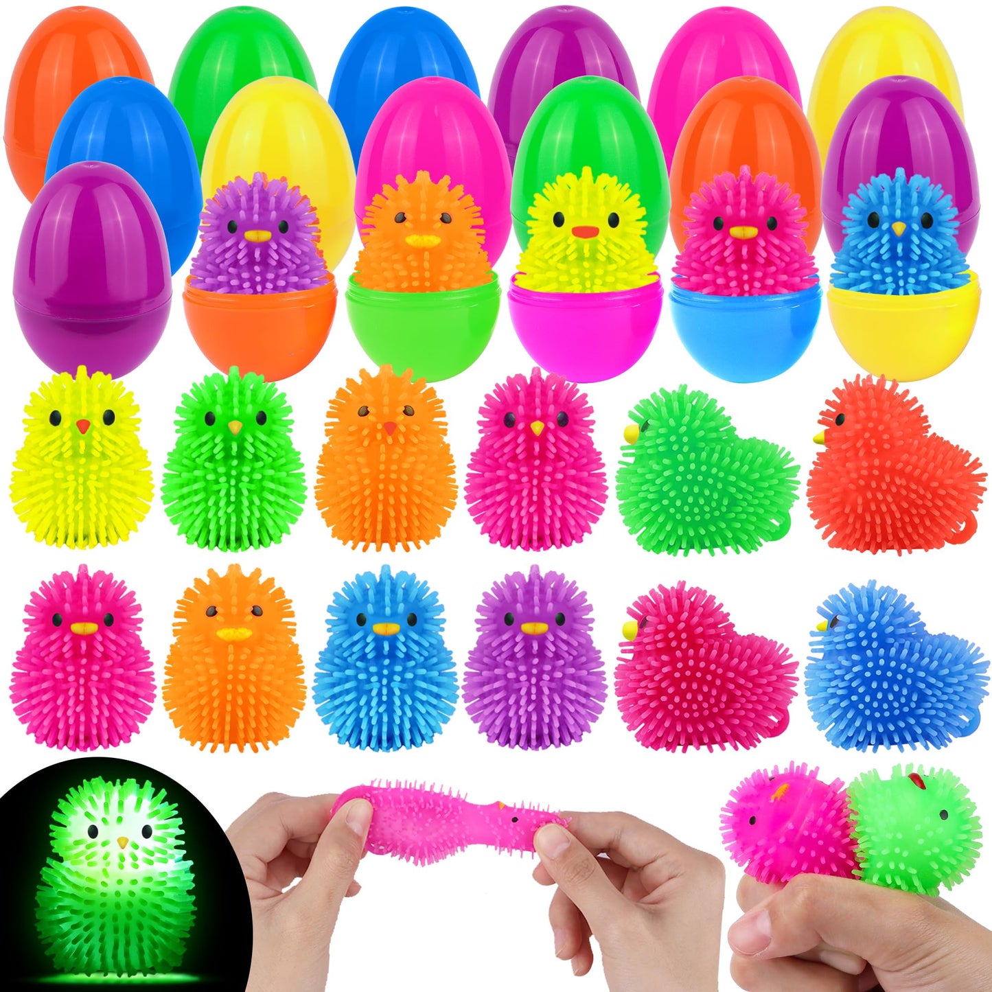 NAWITDA 18 Pack Easter Eggs Fillers with LED Chick Puffer Balls, Easter Eggs Filled with Light Up Fidget Stress Toys Squeeze Balls Glow In The Dark Easter Basket Stuffers for Easter Hunt Party Favors