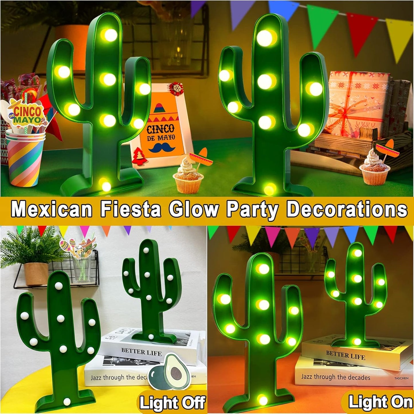 LED Cactus Light by Extra Large | 2-Pack Cute Night Lamp for Cinco de Mayo Decorations - 10 x 5.5 Inch