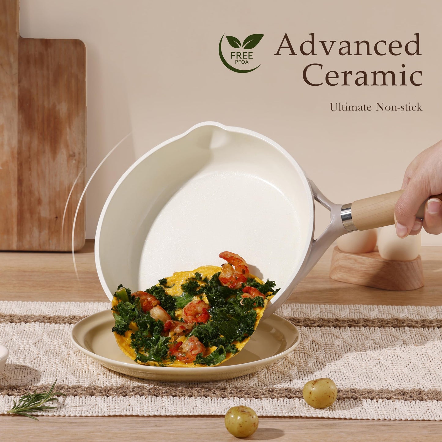 CAROTE 8" Ceramic Frying Pan with Lid, Non Stick Frying Pan Skillet Chef's Pan, Healthy & PFOA/PFAS Free, Induction-Compatible, Taupe