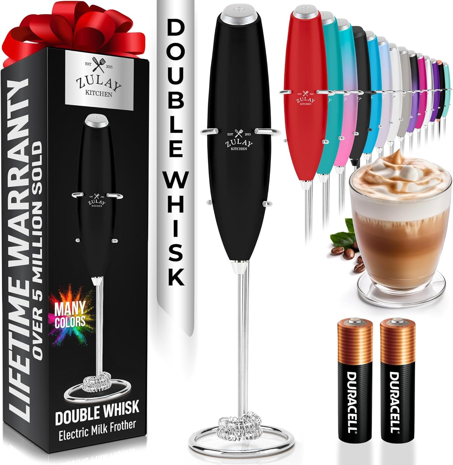 Zulay Kitchen Double Whisk Milk Frother - Powerful Handheld Foam Maker for Coffee, Lattes & More | Includes 2 Duracell Batteries
