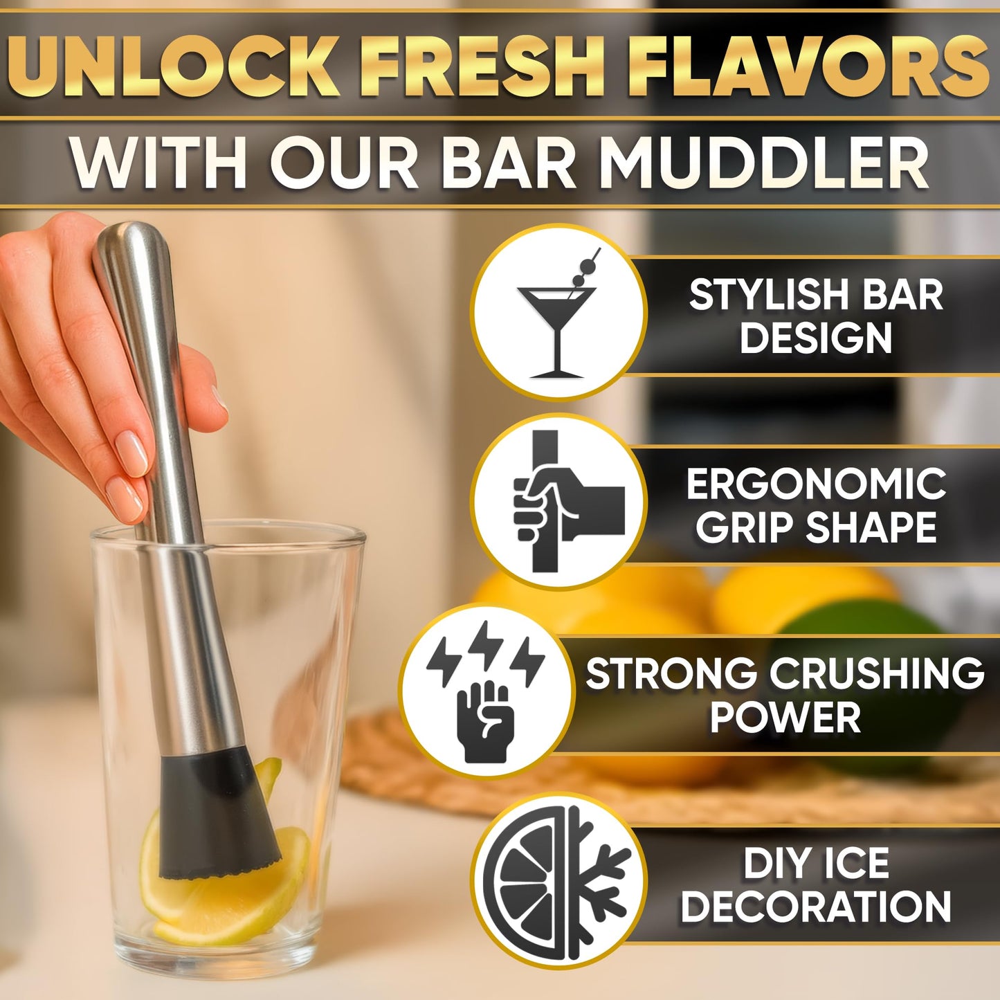 Muddler for Cocktails – 8 Inch Cocktail Muddler Tool with Stainless Steel Handle & Grooved Nylon Head – Fruit Smasher for Drinks, Mojitos, Mint, Lemons, Herbs, Berries – Home Bar & Bartender Essential