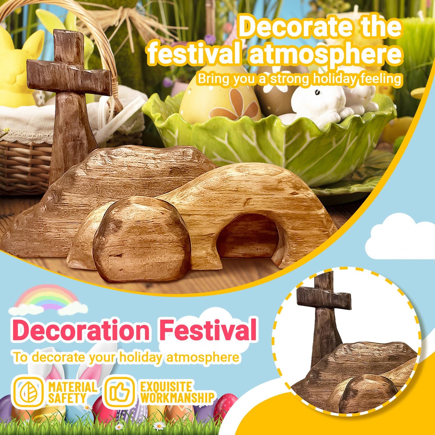 Wooden Nativity Scene, Jesus Resurrection Empty Tomb Easter Decor, Religious Cross & Tiered Tray Set for Home or Tabletop (Empty Tomb)