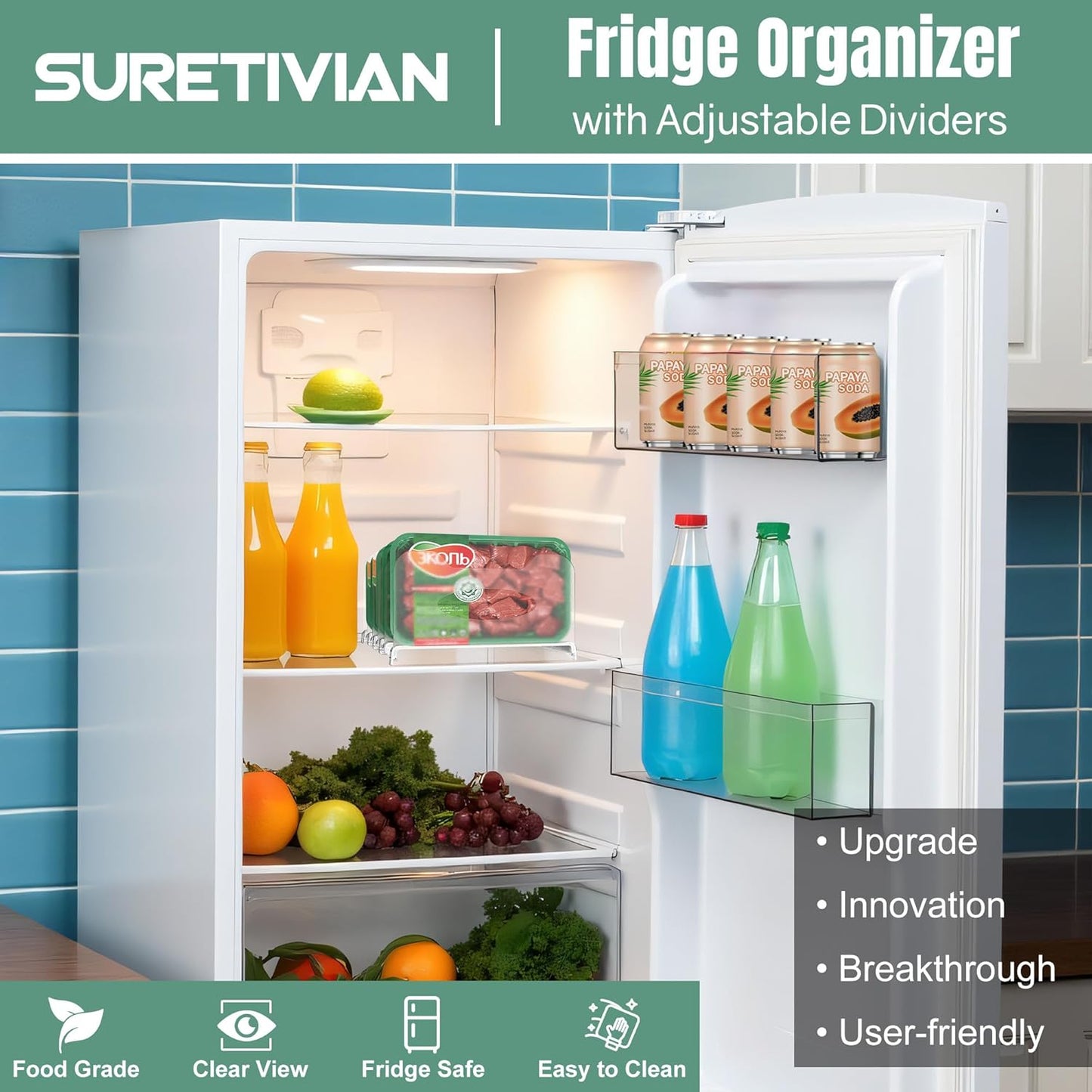 SURETIVIAN Freezer Organizer Rack - 12” Adjustable Fridge Storage with Removable Dividers & Handles | White