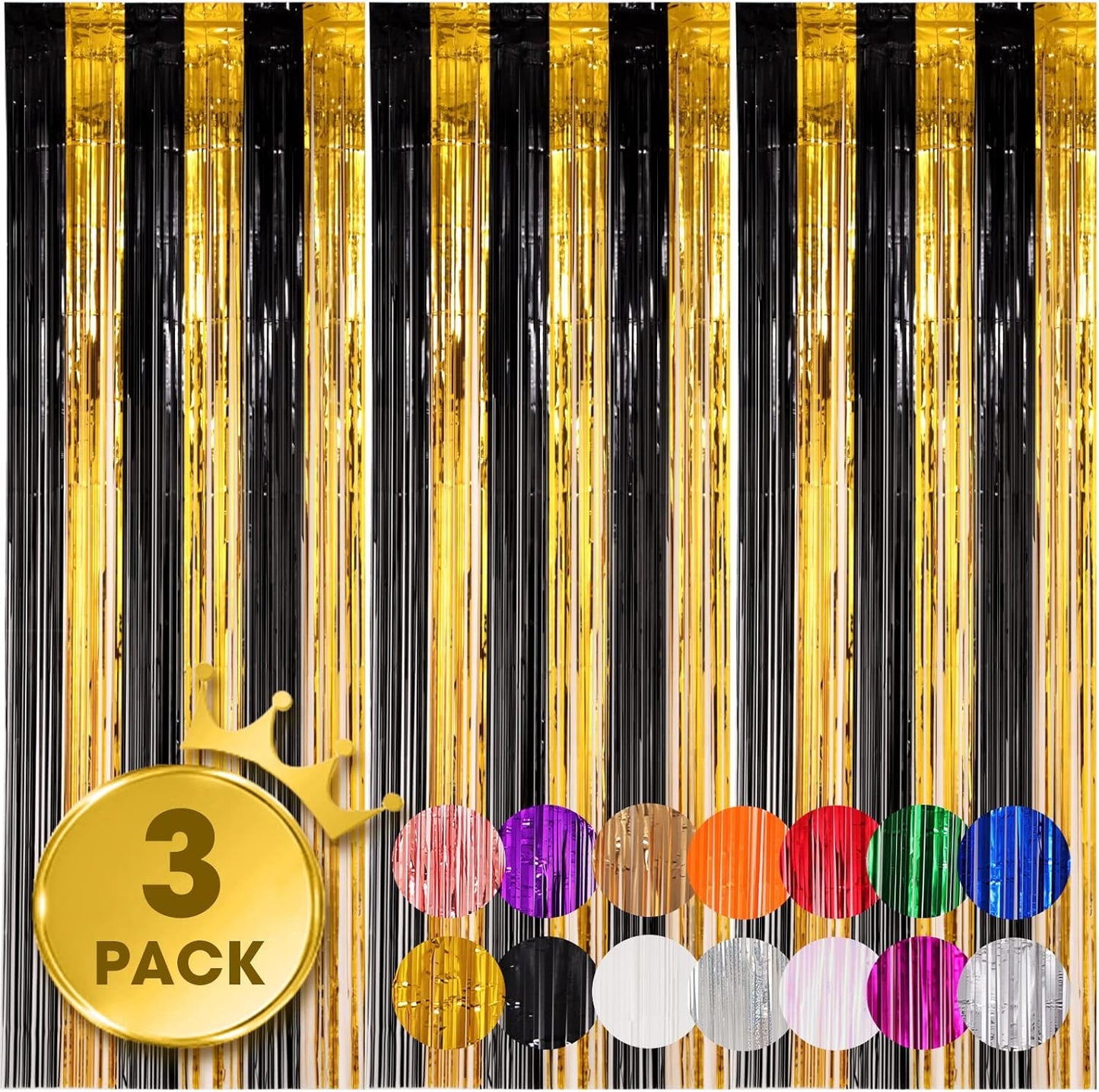 Voircoloria Black and Gold Foil Fringe Backdrop Curtains - 3 Pack Tinsel Streamers for Parties | 3.3x8.2 Feet