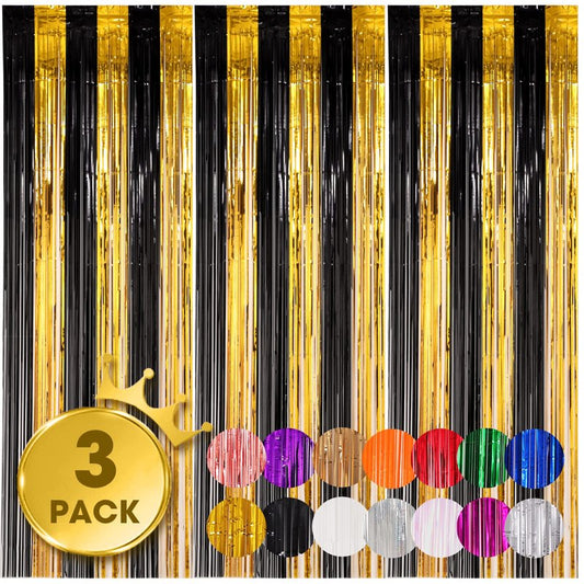 Voircoloria 3 Pack 3.3x8.2 Feet Black and Gold Foil Fringe Backdrop Curtains, Tinsel Streamers Birthday Party Decorations, Fringe Backdrop for Graduation, Baby Shower, Gender Reveal, Disco Party