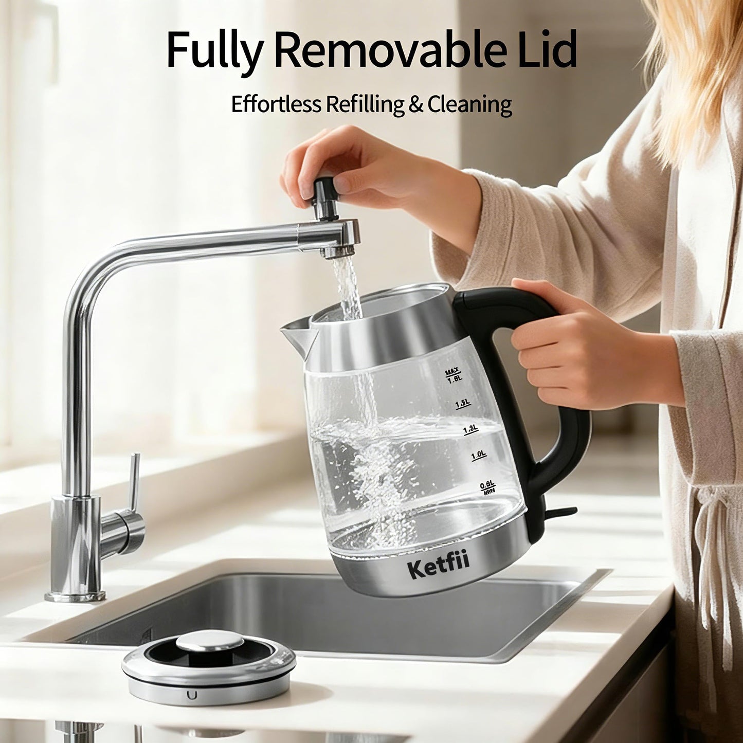Electric Glass Kettle 1.8L, 1200W Fast Boil for Tea & Coffee, Auto Shut-Off & Boil-Dry Protection, BPA-Free, 304 Stainless Steel & Borosilicate Glass, Removable Lid for Easy Cleaning