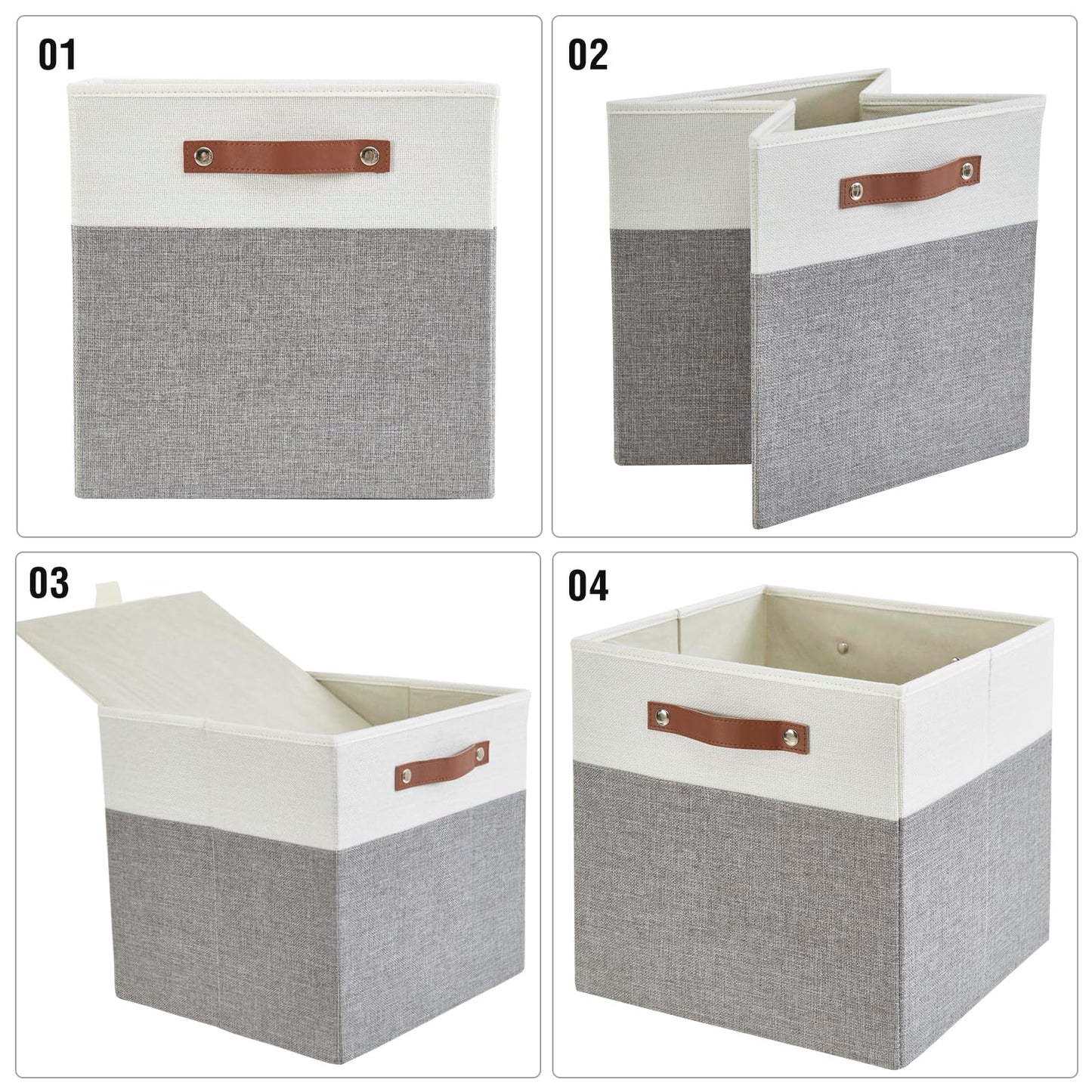 Bagnizer Collapsible Fabric Storage Cube Bins with 2 Reinforced PU Handles, Foldable Storage Organizer Baskets for Closet, Shelves, Living Room | 13"x13"x13", 4 Pack, Gray & White
