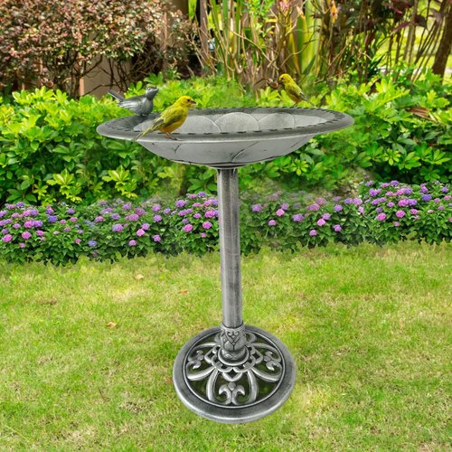 Backyard Expressions Outdoor Garden Bird Bath - Weather Resistant Polyresin - 30 Inch Silver