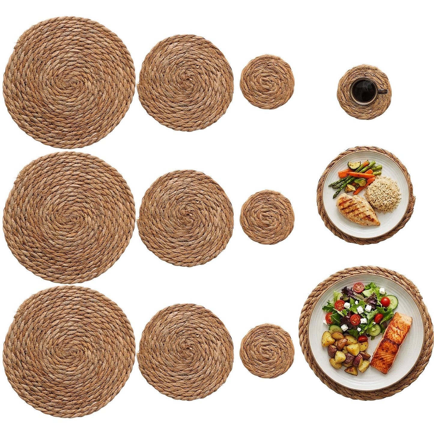 12 Pcs Round Straw Woven Coasters and Trivets Set, 4" Absorbent Drink Coasters, 7" 10" Heat Resistant Trivets for Hot Dishes Boho Farmhouse Table Mat for Bowl, Pan, Kitchen Dining Decor Party Supplies