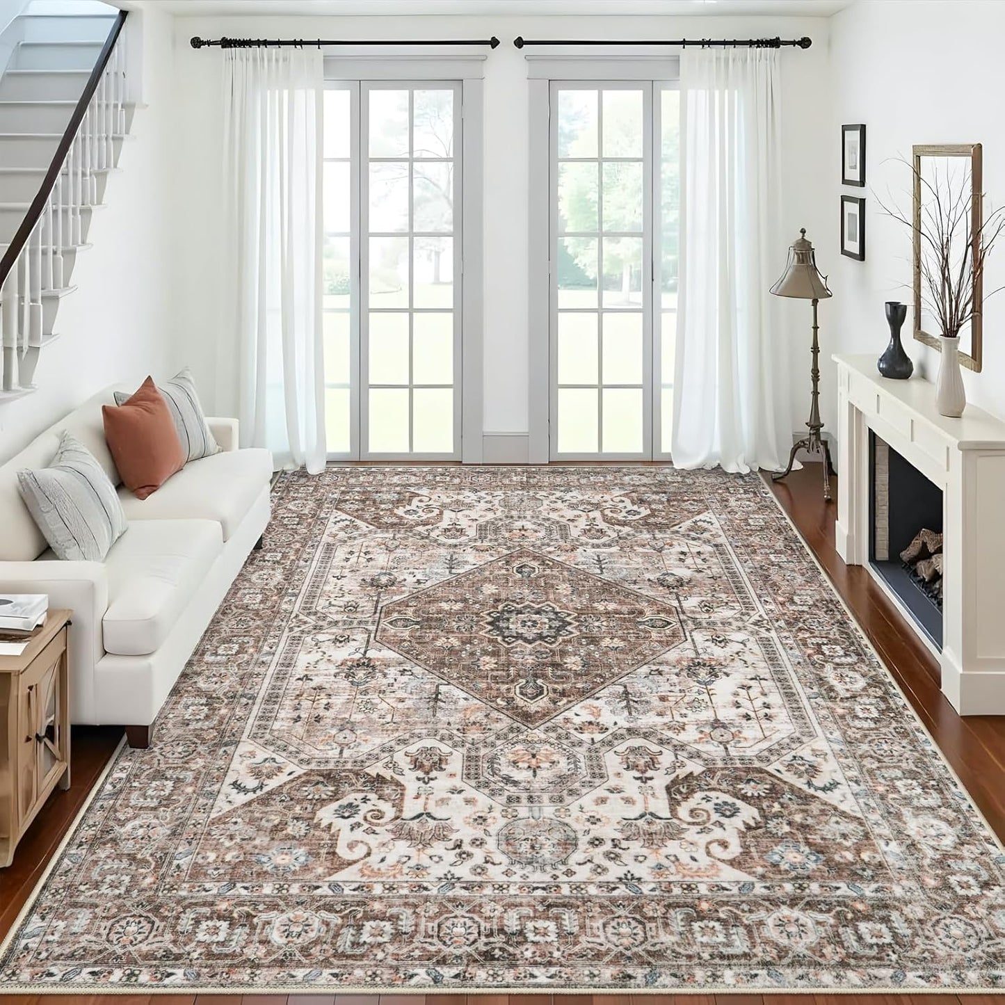 Skiennix Washable 9x12 Large Area Rug - Vintage Non-Slip Backing, Stain Resistant Medallion Design for Living Room & Bedroom - Brown