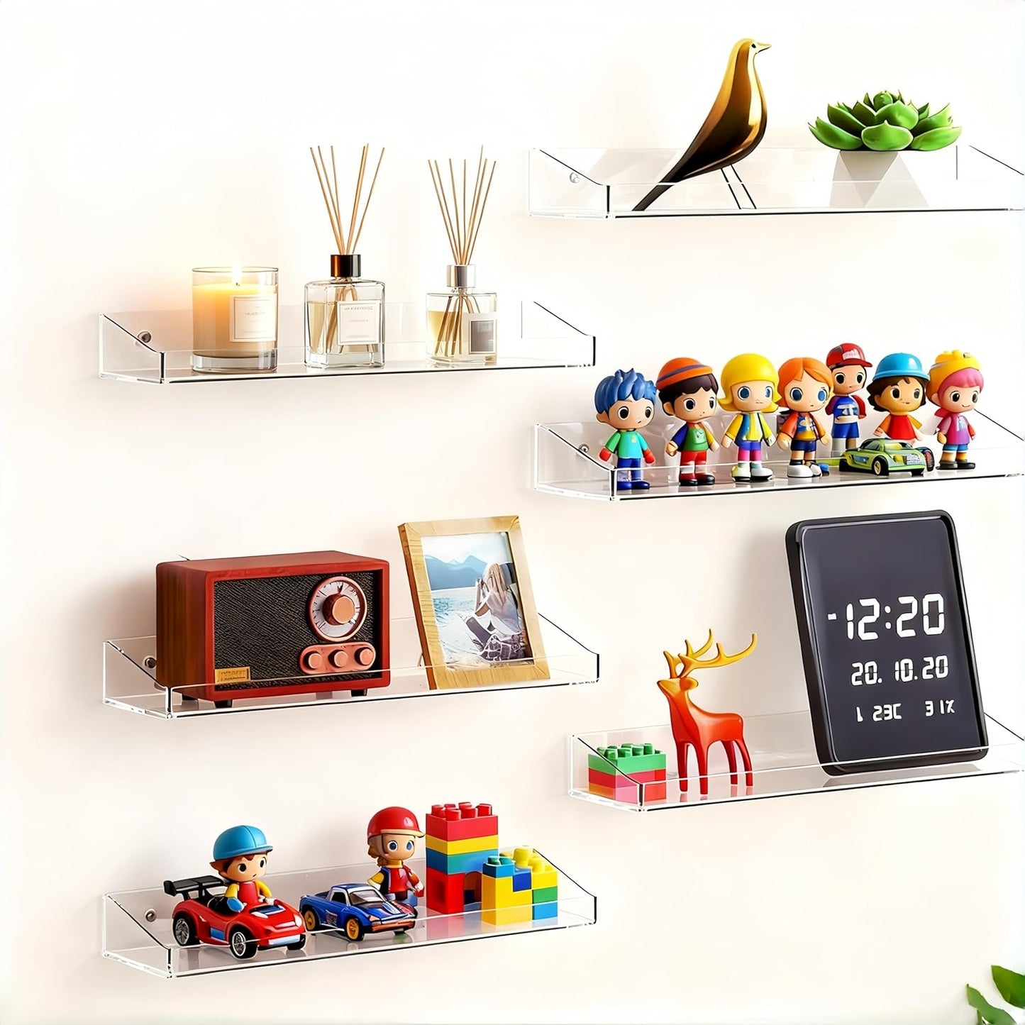 Skiennix Acrylic Floating Shelves - 15" Wall Organizer for Bathroom, Bedroom & Nursery | Clear 6-Pack