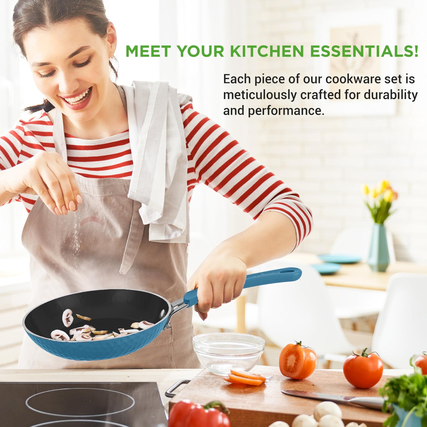 NutriChef 11 Pc Pots and Pans Set - Non Stick Cookware Set with Ceramic Coating, Ergonomic Handles, Induction Ready, Includes Saucepan, Dutch Oven, Large & Small Fry Pans - Royal Blue