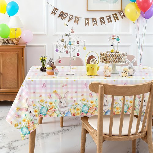 3 Pcs Easter Plastic Tablecloths, 108x54 inch Large Happy Easter Buuny Disposable Table Covers, Spring Flowers Rabbit Coloful Eggs Check Birthday Baby Shower Party Table Decorations Photo Booth Props