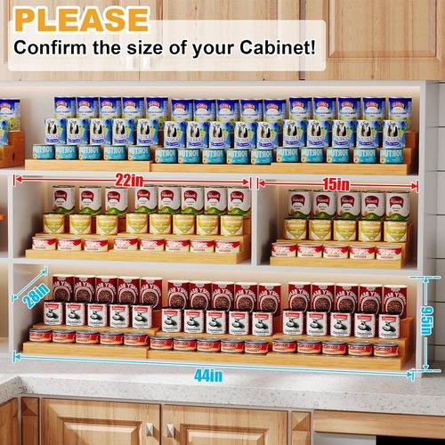 Bamboo Can Rack | Extra-Long Expandable 3-Tier Organizer - Adjustable Pantry Storage for 45 Cans