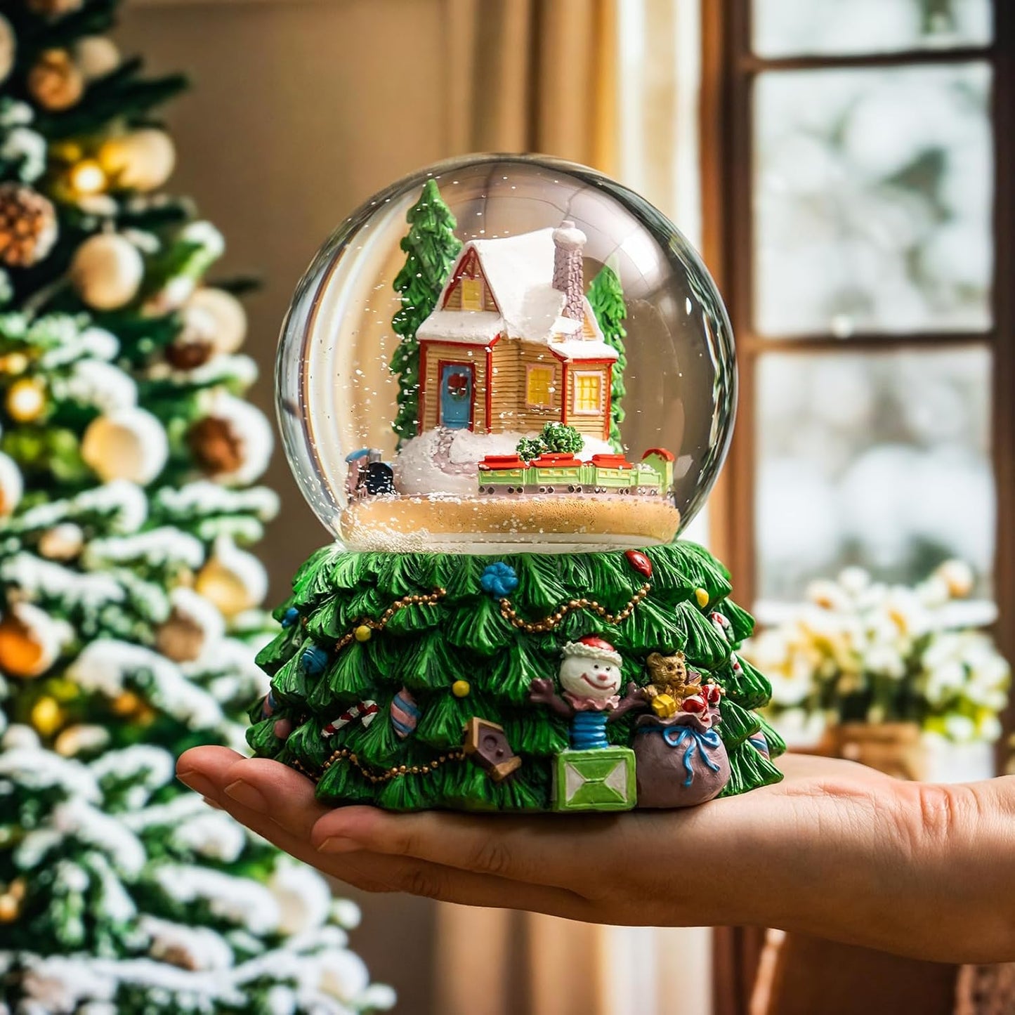Revolving Christmas Train Snow Globe - Color-Changing LED Music Box with Hand-Painted Winter Scene