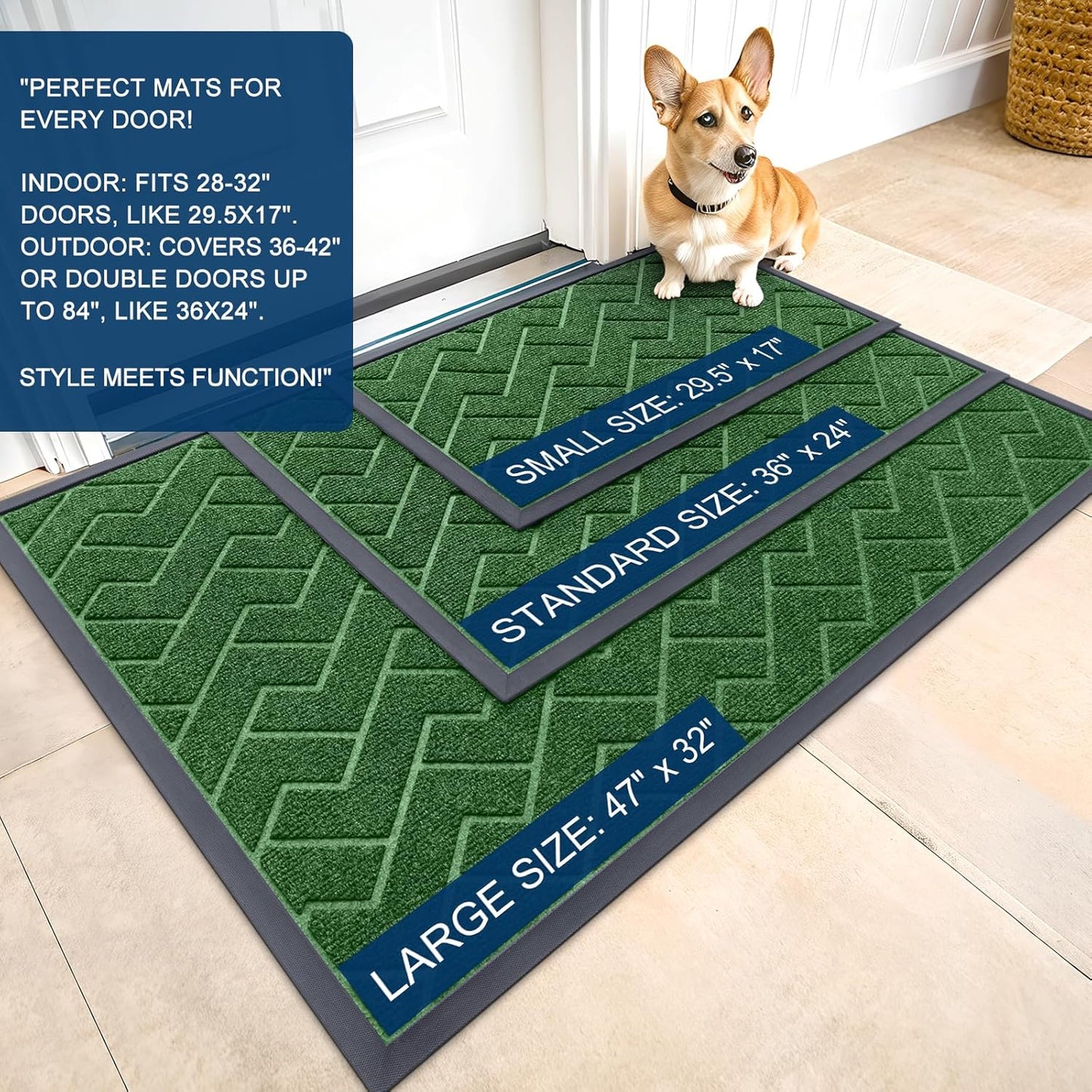 OLANLY Waterproof Front Door Mat - All-Season Indoor Outdoor Doormat | Sturdy Natural Rubber, Herringbone Brick (Green, 47x32)