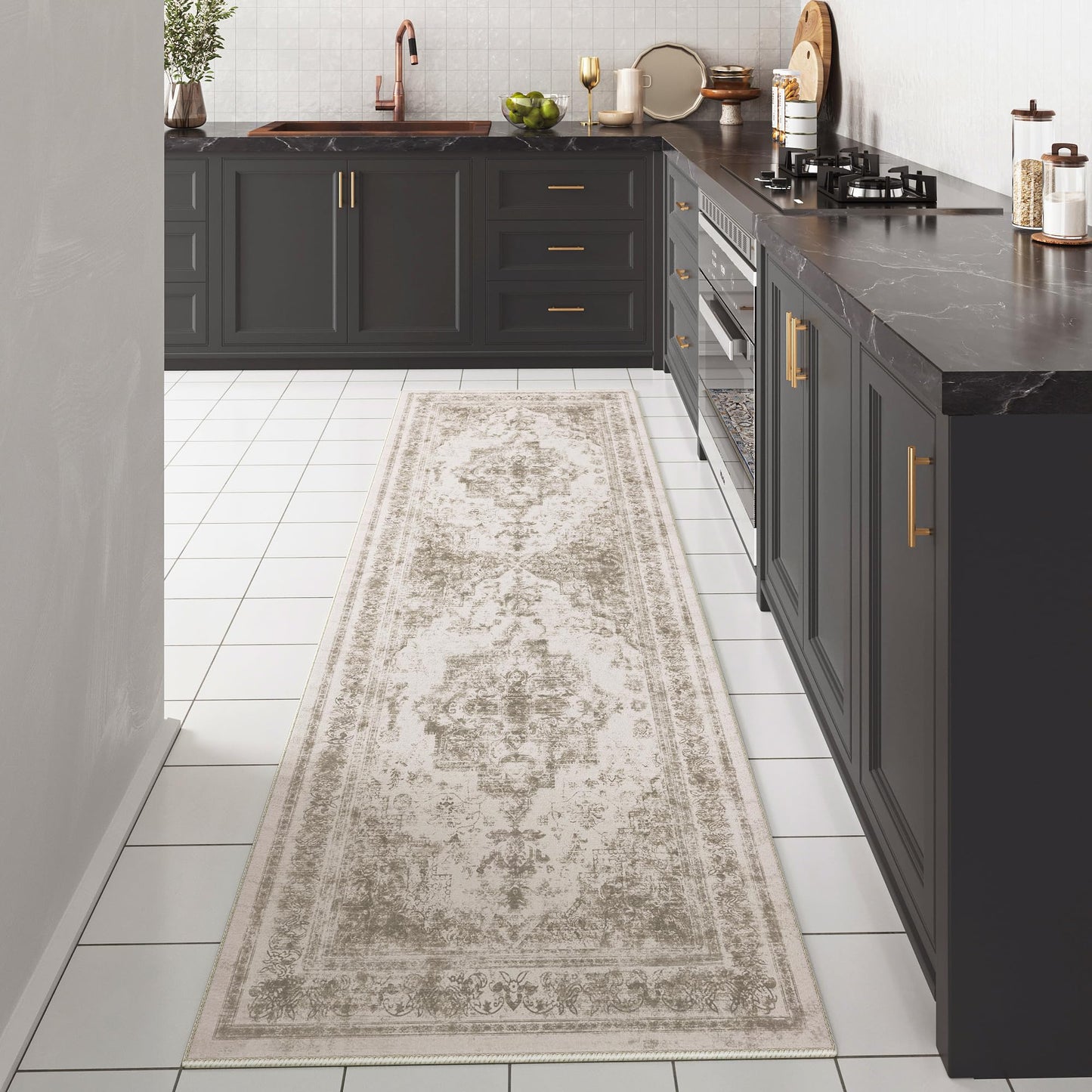 PureCozy Runner Rug 3x10 Vintage Hallway Long Area Carpet Kitchen Indoor Bedroom Taupe Medallion Washable Traditional Retro Accent Throw Rug Non Slip Distressed Office Dining Living Room Bathroom