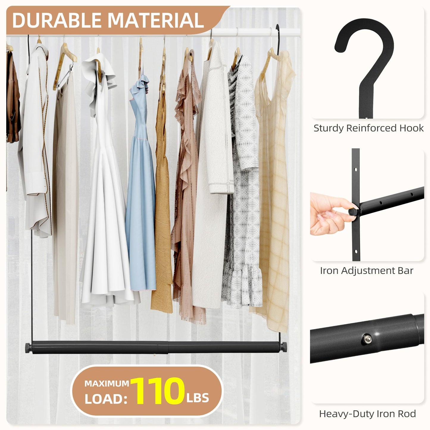 STORAGE MANIAC Adjustable Closet Rod Hanging Clothes Heavy Duty Closet Extender Hanging Rod Space-Saving Clothes Hanging Bar Double Closet Hanging Rod Hanging Closet Organizer Closet Bar,2 Pack Black