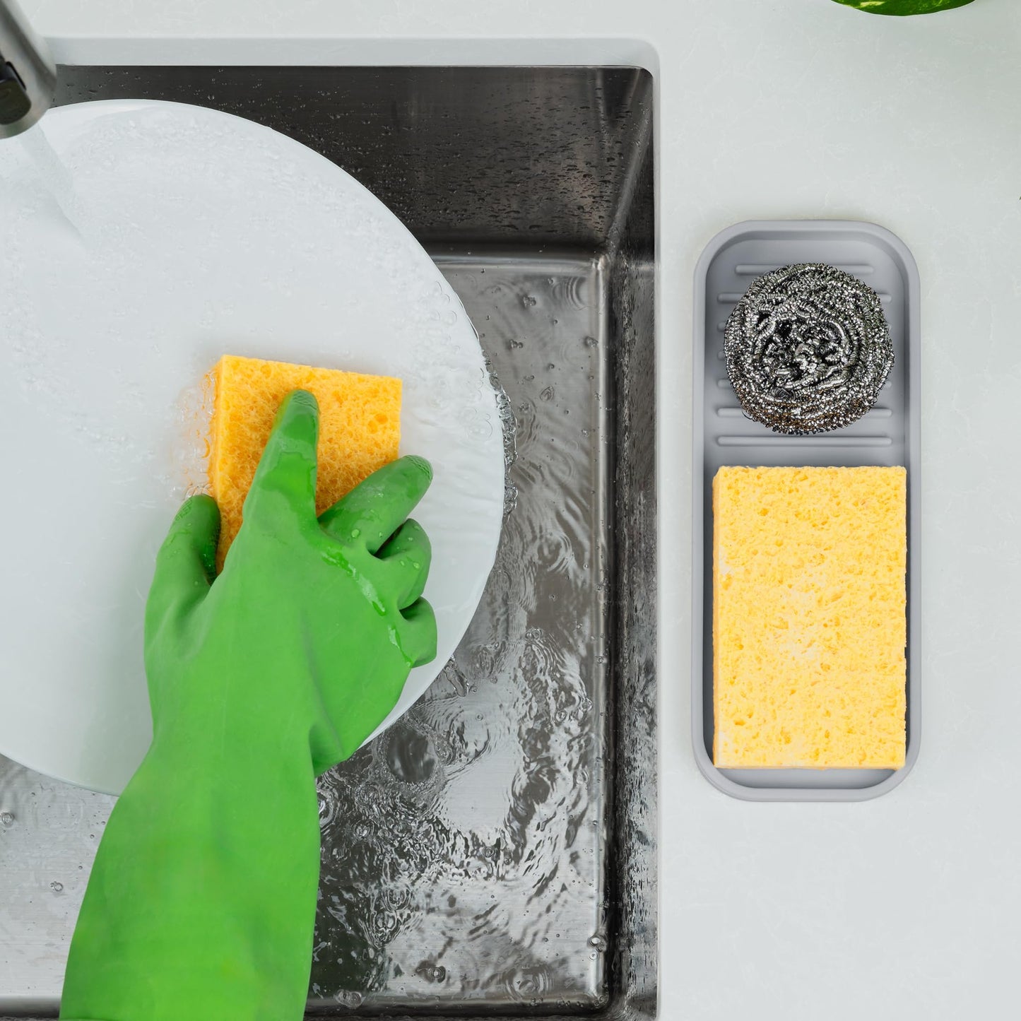 Zulay Kitchen (9x3.5in) Sponge Holder for Kitchen Sink - Flexible Heavy-Duty Multipurpose Sink Caddy - Counter Organizer for Kitchen, Bathroom, Makeup, Trinkets & More! (Grey)