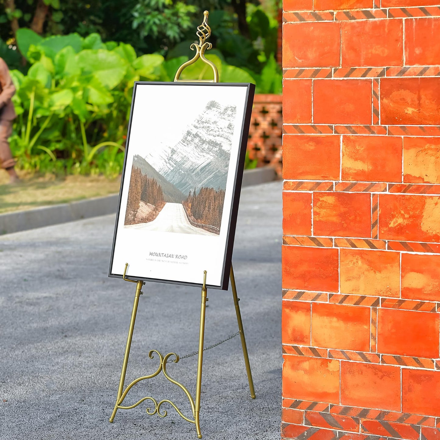 CaliDecor 58.5” H Gold Easel Stand for Sign, Large Adjustable Metal Display Standing for Displaying Pictures Wedding Poster Holder Showcasing with Chain Support