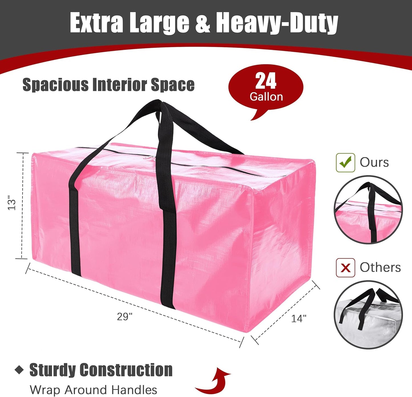 PANDA JOYS Extra Large Moving Bags - Heavy-Duty Storage Totes with Zippers & Handles | 12 Pack, Pink