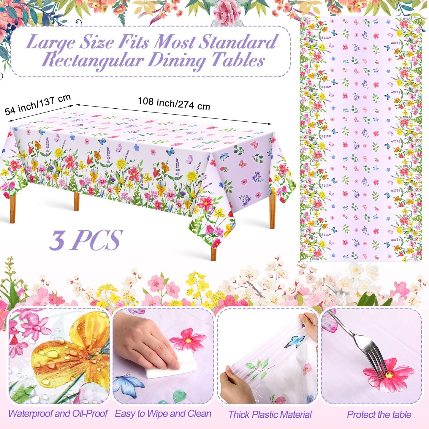 Oudain 3 Pcs Easter Tablecloth Decorations - 54×108 Inch Spring Flower Disposable Plastic Waterproof Pastel Garden Floral Table Cover Runner Rectangular for Easter Brunch Baby Shower Wedding Party