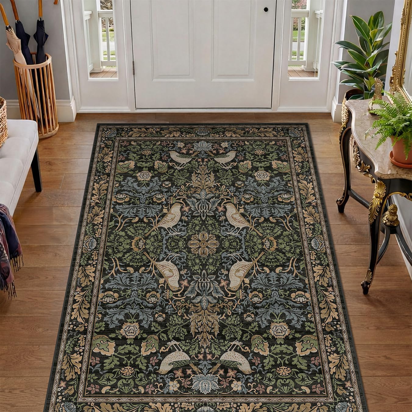 Skiennix Large Entryway Rugs - 3x5 Washable Indoor Mat with Moody Woodland Flowers | Non-Slip, Stain Resistant