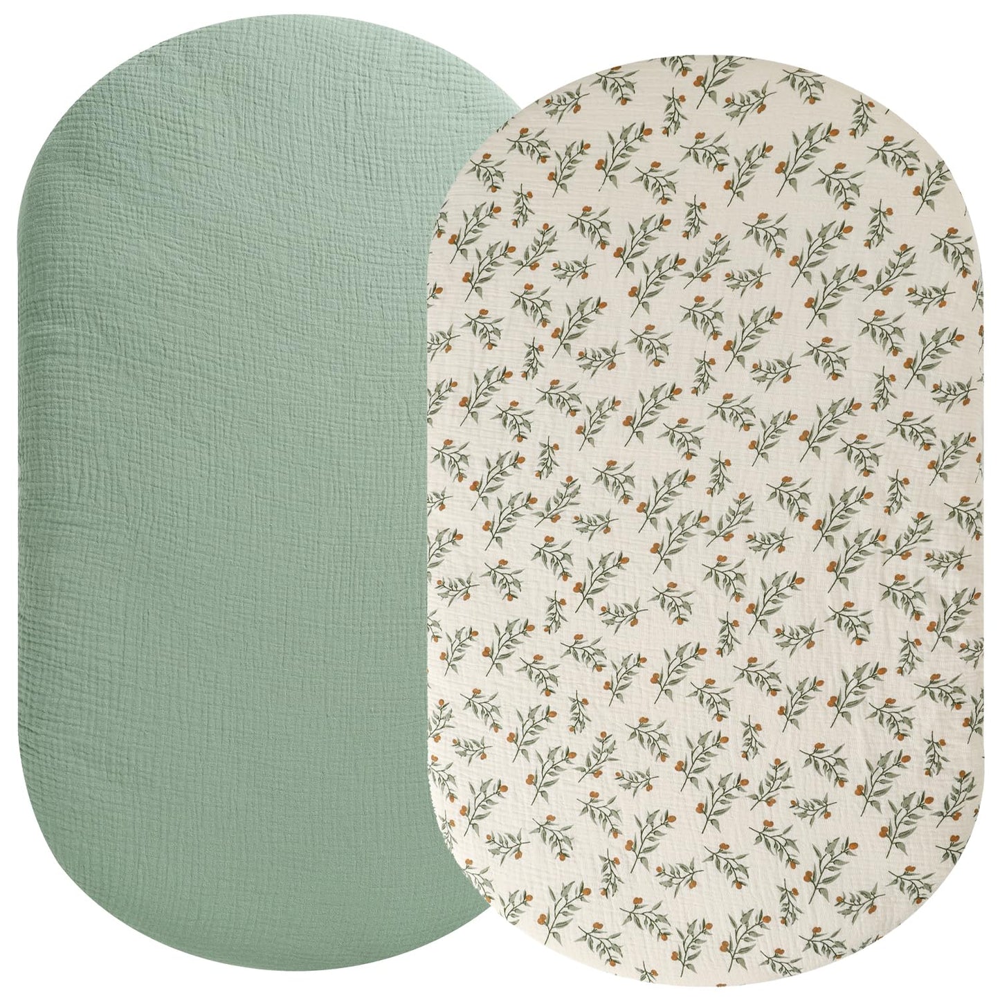 Muslin Bassinet Sheet Compatible with UPPAbaby Bassinet, 2 Pack Cotton Stylish Boho Fitted Bassinet Sheets Super Soft for Baby Roman Green & Botanical Leaf