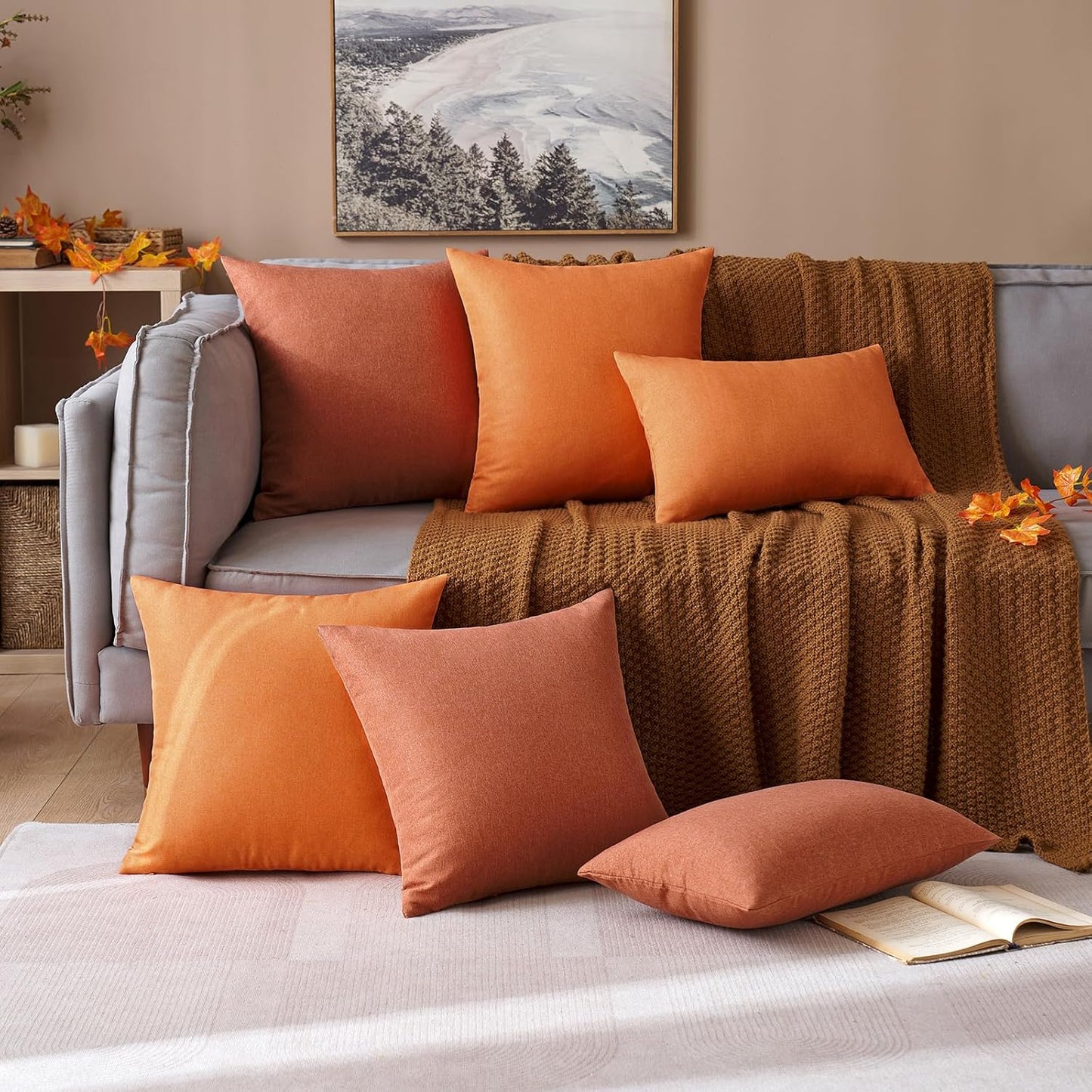 MIULEE Decorative Outdoor Throw Pillow Covers - Waterproof Faux Linen Cushion Cases | 22x22 Inch Rust - Pack of 2
