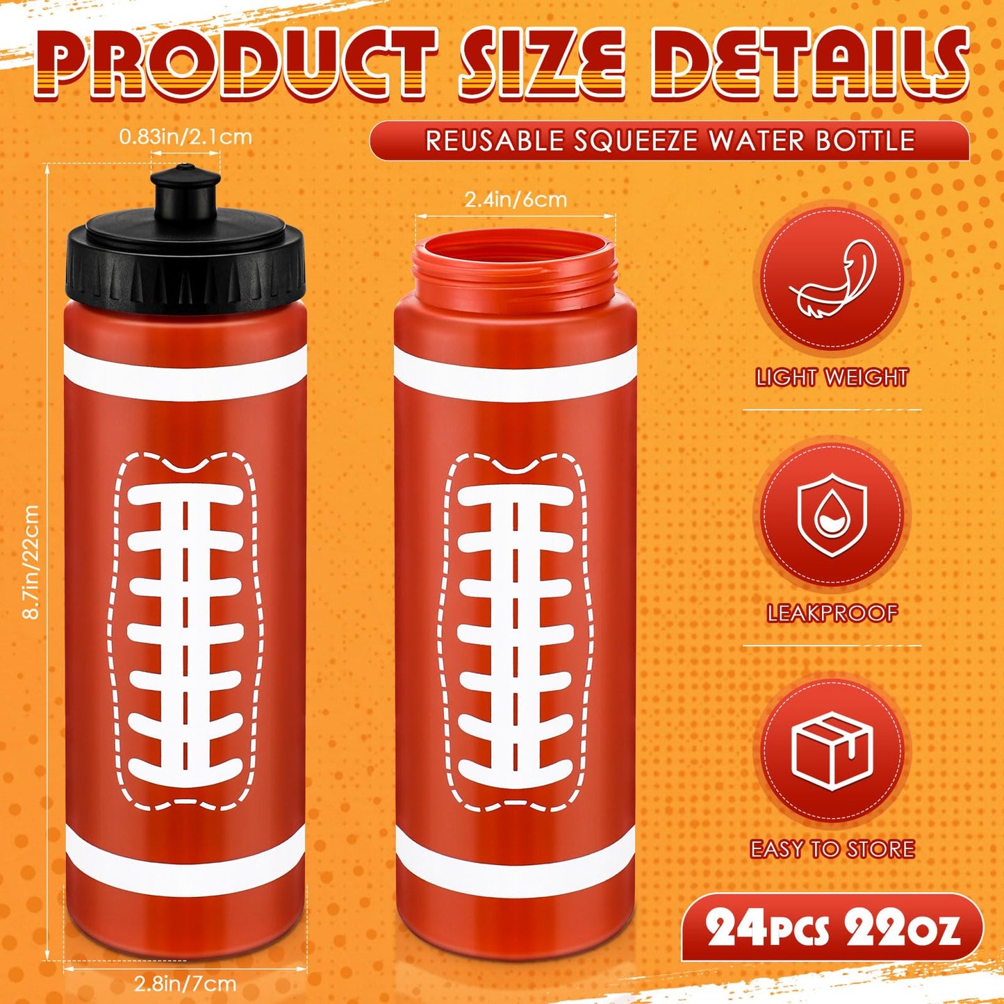 Skybooly 24 Pcs Football Water Bottle Bulk 20 oz Sports Water Bottles Squeeze Football Team Gifts Bulk Reusable Football Accessories for Football Players Lovers Party Favor Gifts Gym Bike
