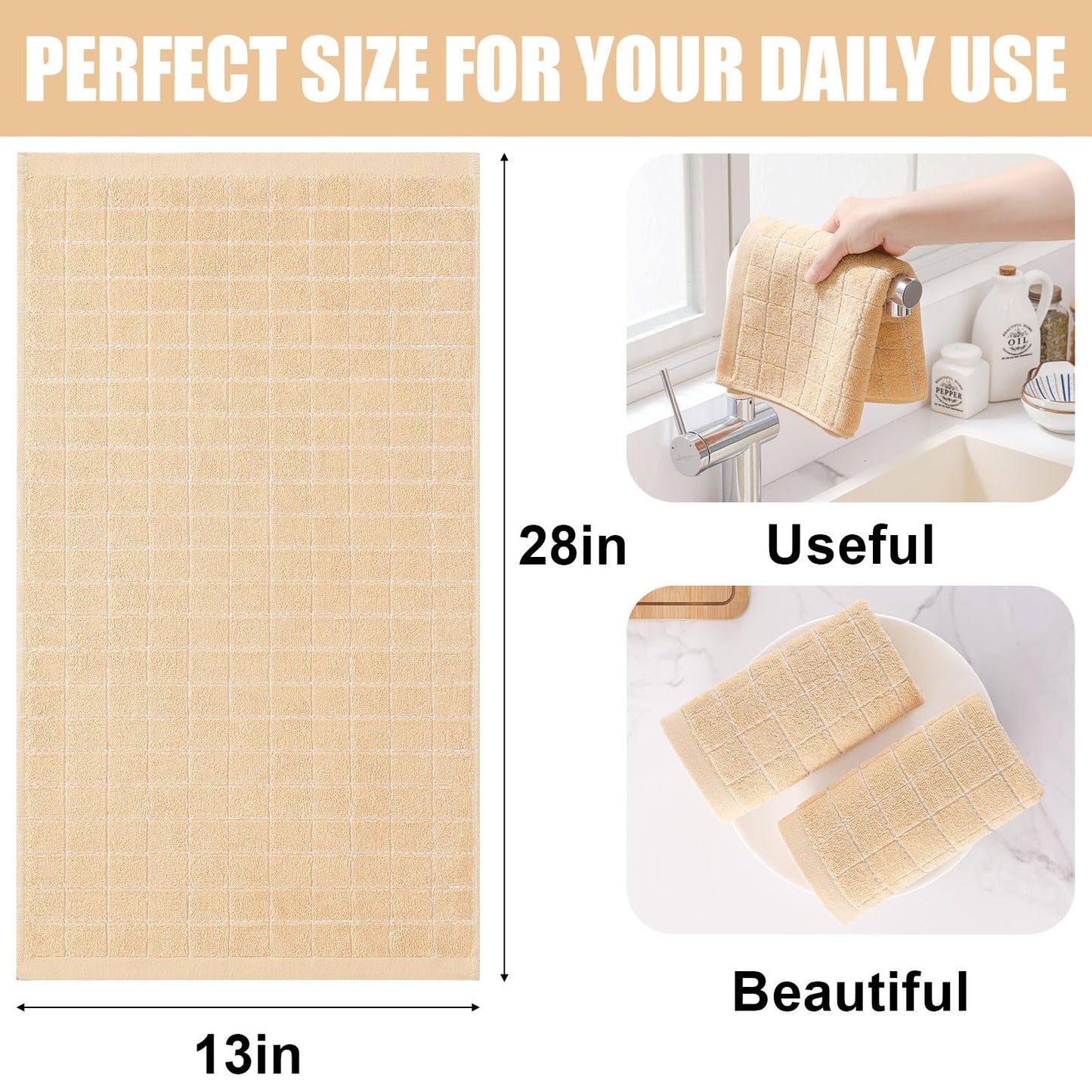 Homaxy 100% Cotton Terry Kitchen Towels(Apricot, 13 x 28 inches), Checkered Designed, Soft and Super Absorbent Dish Towels, 8 Pack
