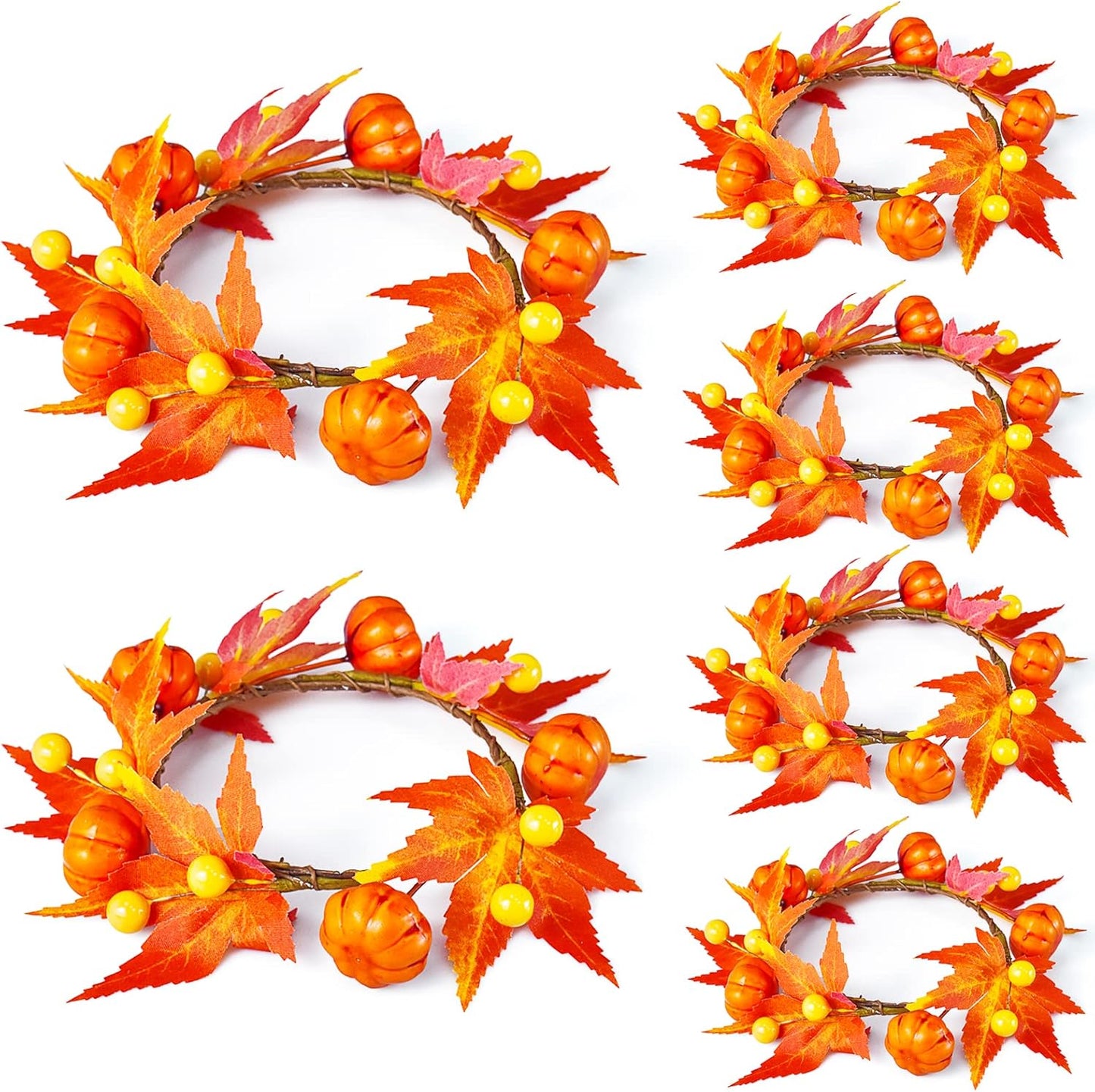 Skiennix Fall Candle Rings - Artificial Pumpkin & Maple Leaf Wreaths for Autumn Decor | 3.1" ID / 7" OD