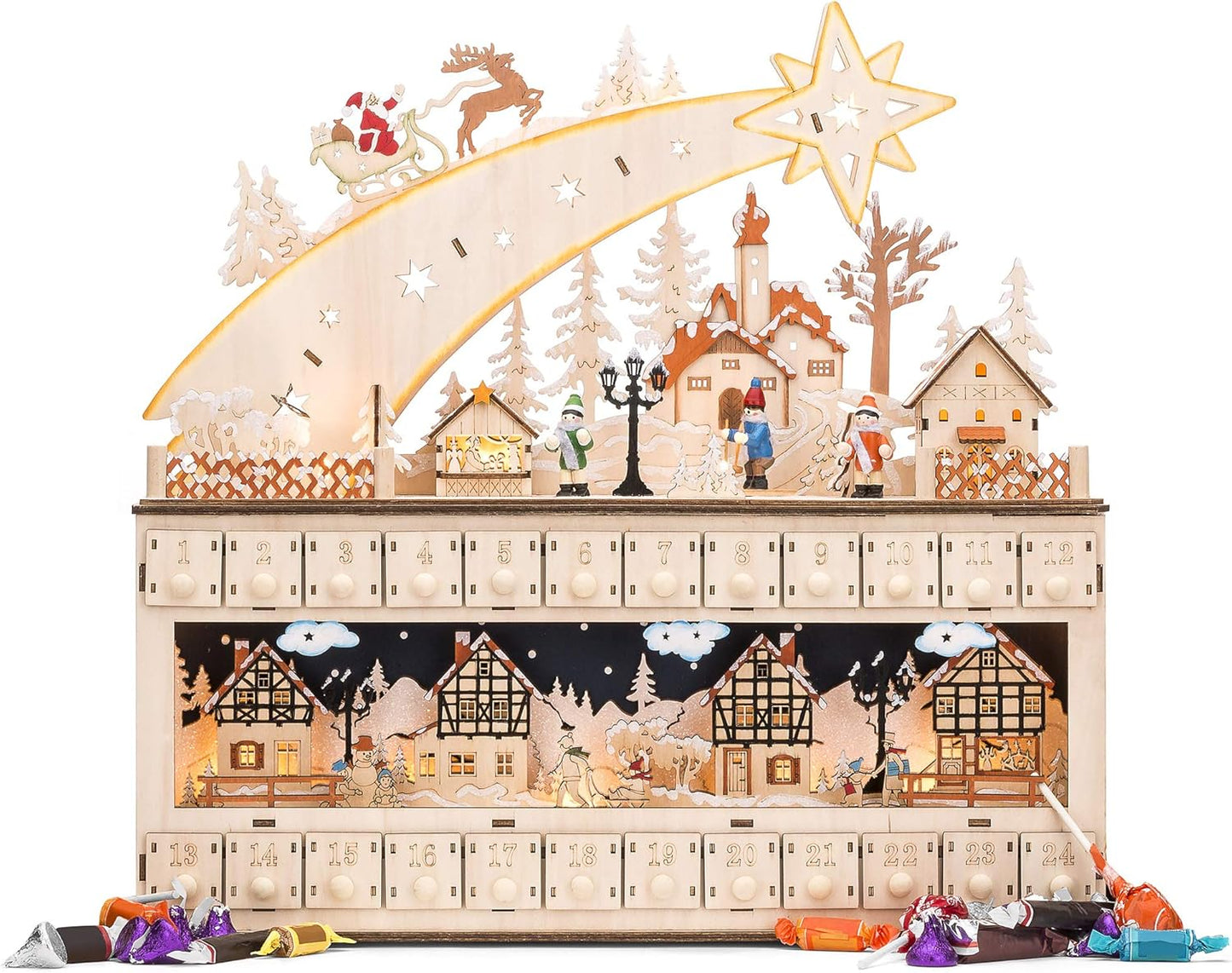 Best Choice Products Wooden Christmas Advent Calendar - Shooting Star Holiday Decor with LED Lights