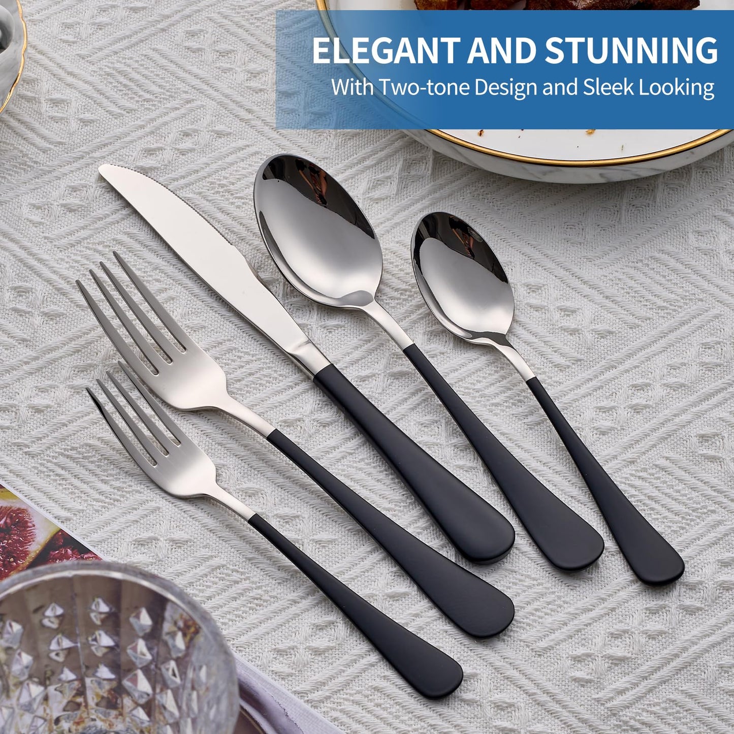 Moxinox 20-Piece Black Silverware Set, 18/0 Stainless Steel Black Handle Flatware Set, Service for 4, Modern Cutlery Set Includes Dinner Knives Forks Spoons, Mirror Polished, Dishwasher Safe