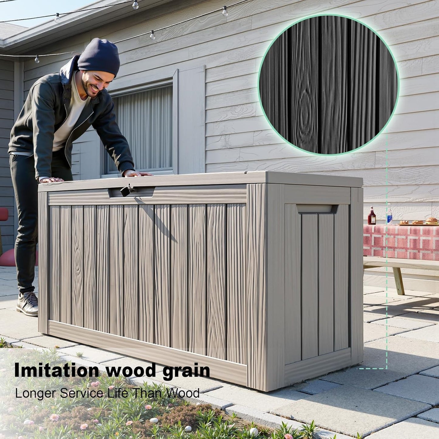 Skiennix 86 Gallon Outdoor Deck Box - Lockable Waterproof Storage for Garden Tools & Cushions | Grey