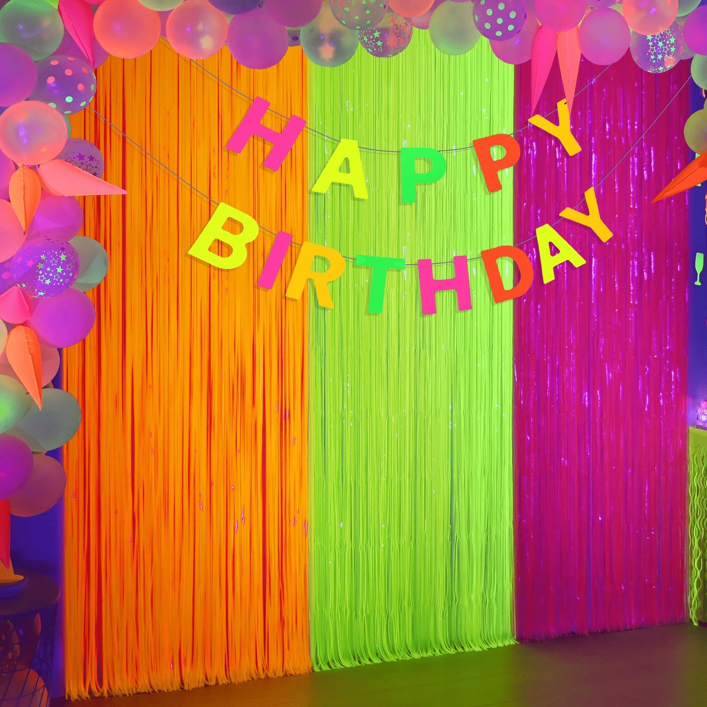 Mega-L Glow in The Dark Party Supplies, 3 Pack Neon Party Decorations 9.9 x 6.6 ft Fluorescent Tinsel Foil Fringe Curtains, Neon Backdrop Streamer for Birthday, Weeding, New Years Eve Party Supplies