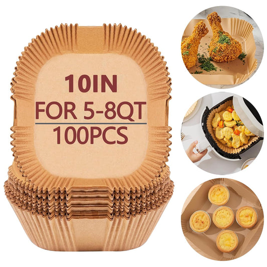 Skiennix 10-Inch Air Fryer Liners - 100 Pack Non-Stick Parchment Paper Sheets for Healthy Cooking | Fits 5-8 QT Air Fryers