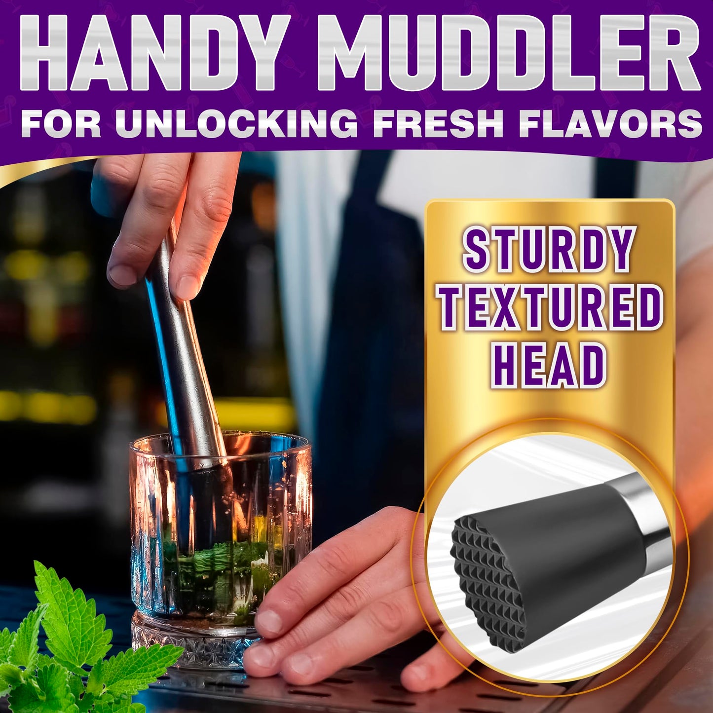 3 Pcs Muddler for Cocktails Set - Bar Muddler Tool with Sturdy Head, Versatile Cocktail Spoon & Jigger, Easy to Use & Clean, Stylish Rust-Resistant Stirring Tool - Bar Tools for Drinks Mixing