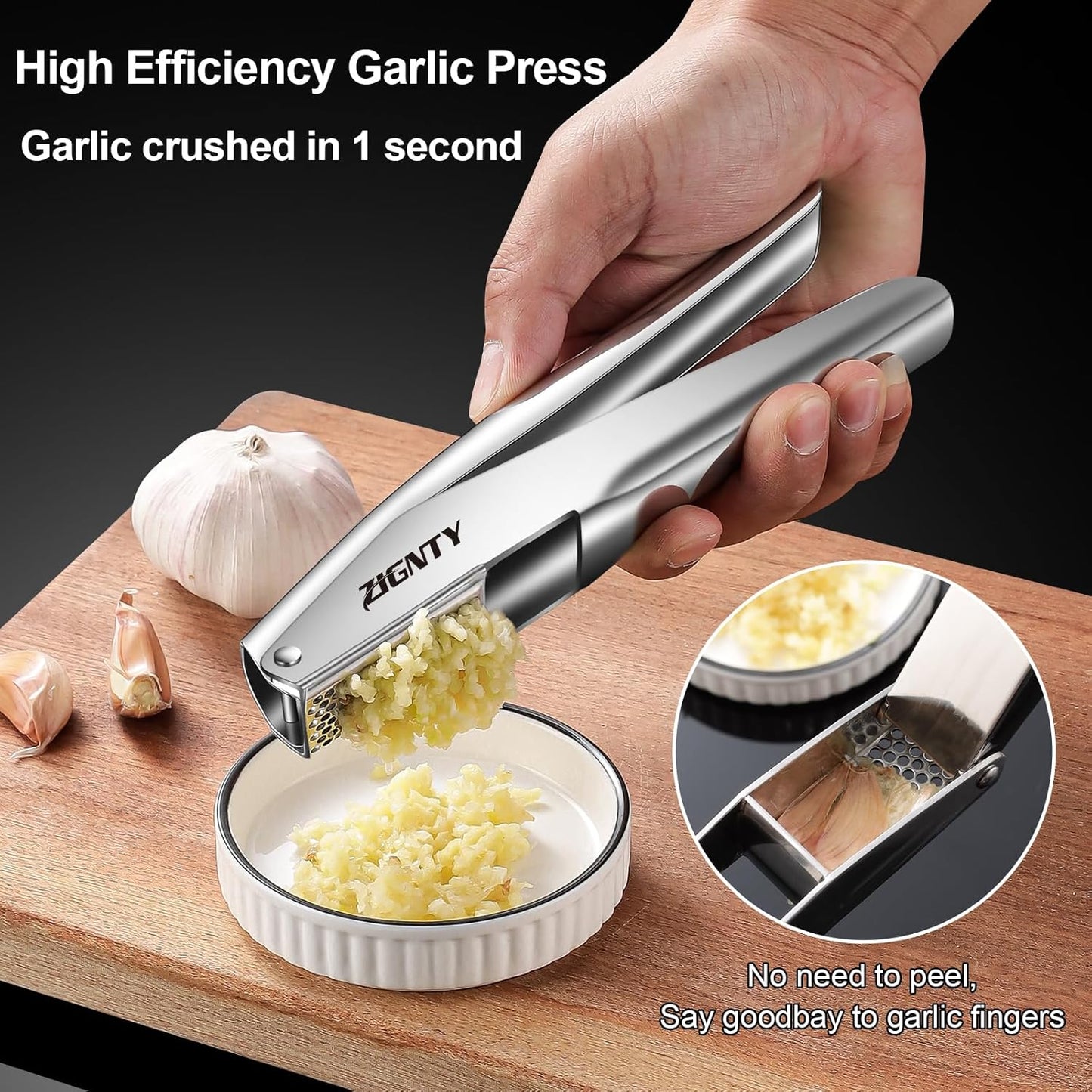 Skiennix Garlic Press - Premium Stainless Steel Mincer Tool with Ergonomic Handle | Rust Proof & Dishwasher Safe