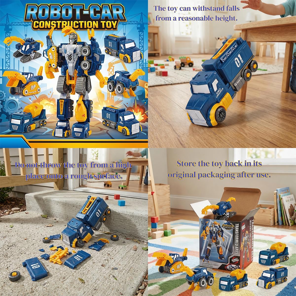 Skiennix Toddler Construction Car Transform Set - 5pcs Dinosaur Rescue Robots with Magnetic Connectors | DIY STEM Building Trucks for Kids Ages 3-7