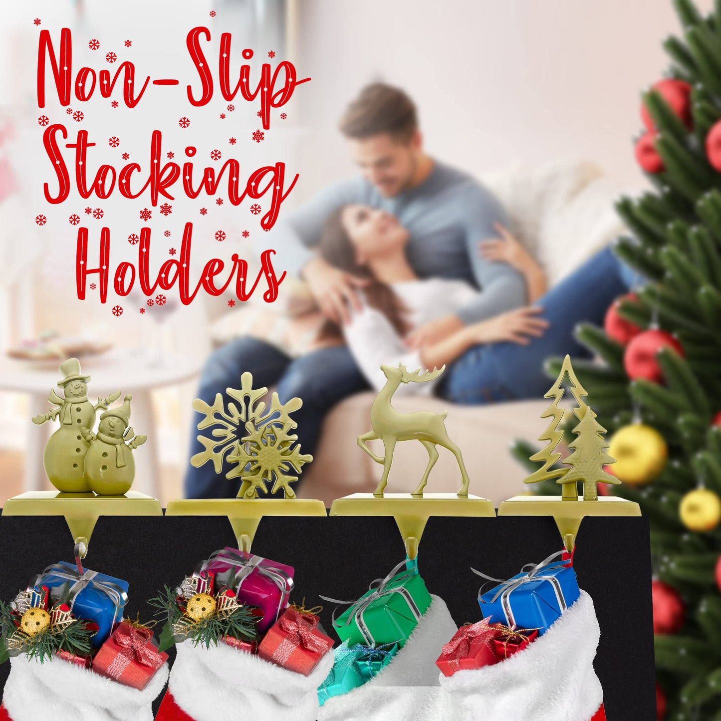 Season 4 Sparkles Christmas Stocking Hangers for Mantle Set of 4 - Golden Color Weighted Stocking Holders for Mantel - Durable So Santa Can Reach The Stockings