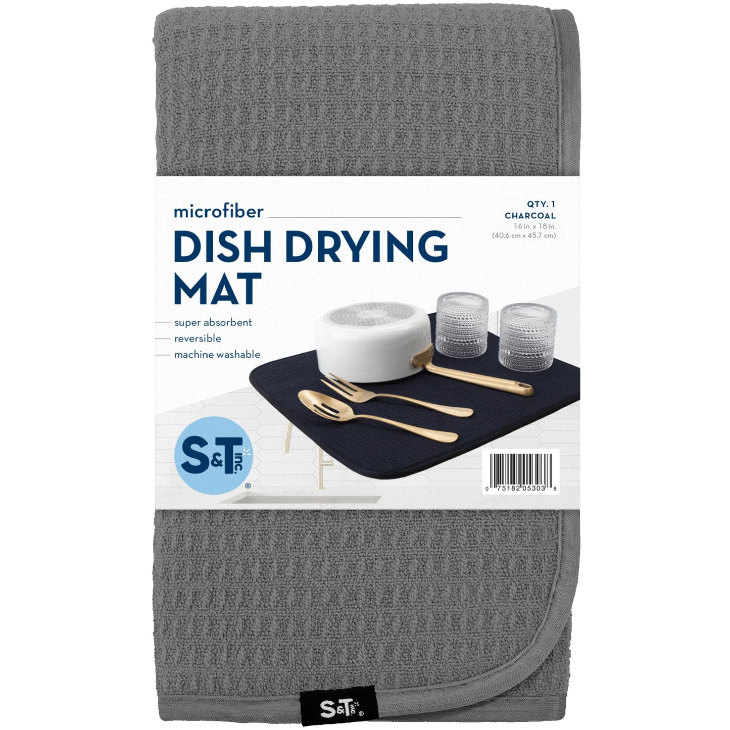 S&T INC. Dish Drying Mat 2 Pack, 16” x 18”, Absorbent Microfiber Kitchen Counter Mat, Dish Drying Pad for Dishes, Utensils, Pots and Pans, Large, Charcoal Grey