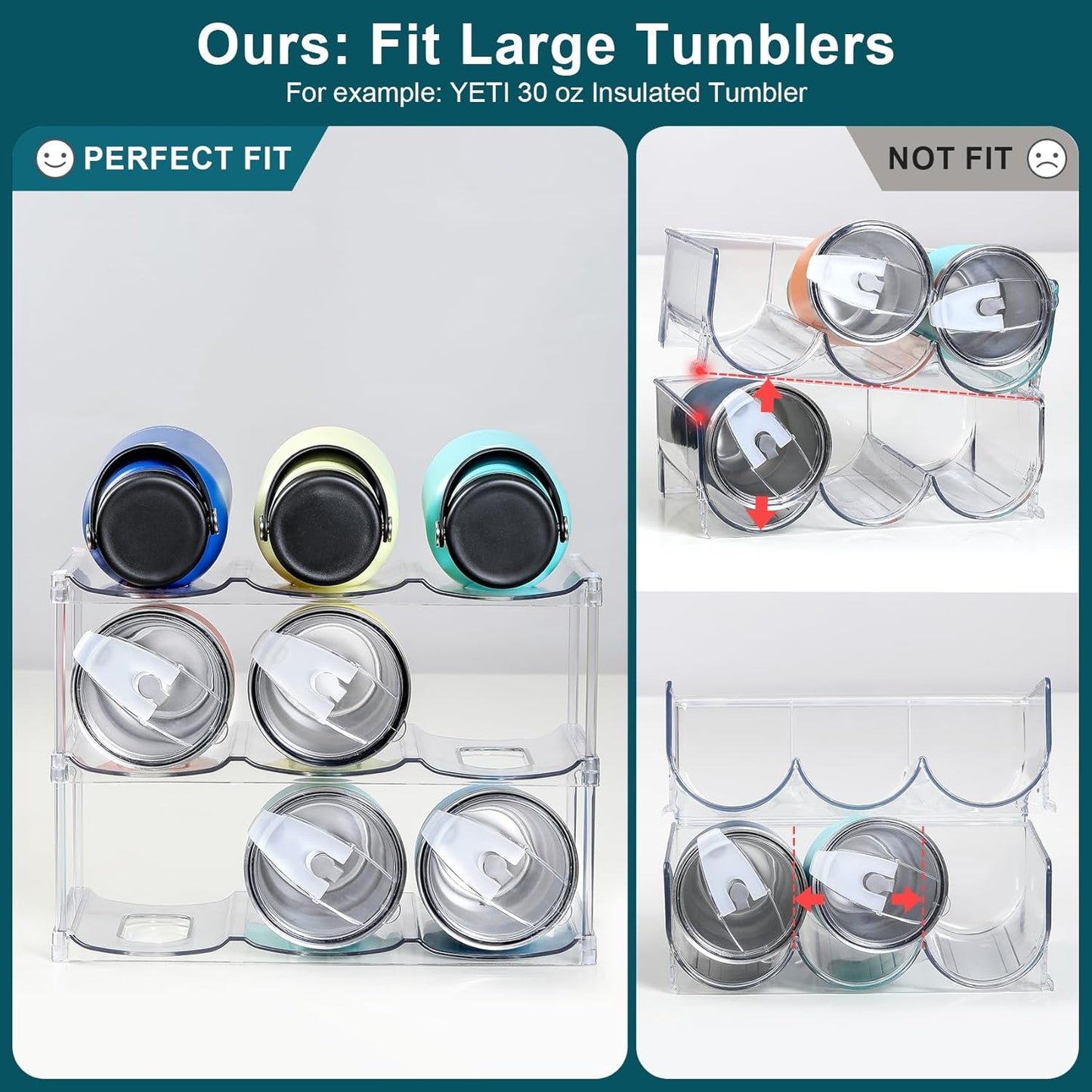 Skiennix Stackable Water Bottle Organizer - Large Compartment for Stanley Tumblers - Clear 3-Tier Holder for Cabinets & Countertops