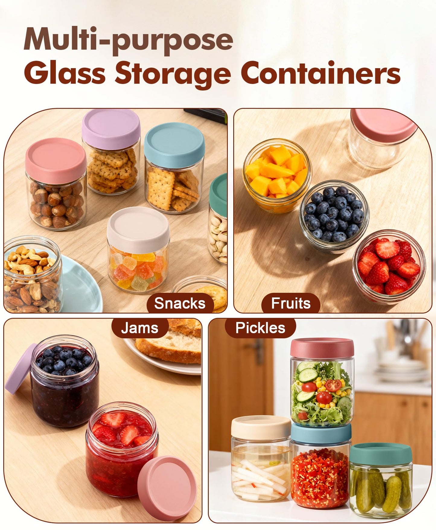 6 pack 10 oz Overnight Oats Containers with Lids and Spoons Glass Jars with Airtight Lids: Wide Mouth Mason Salad Jars, Leakproof and Reusable Glass Food Storage Container for Yogurt Snacks Spice