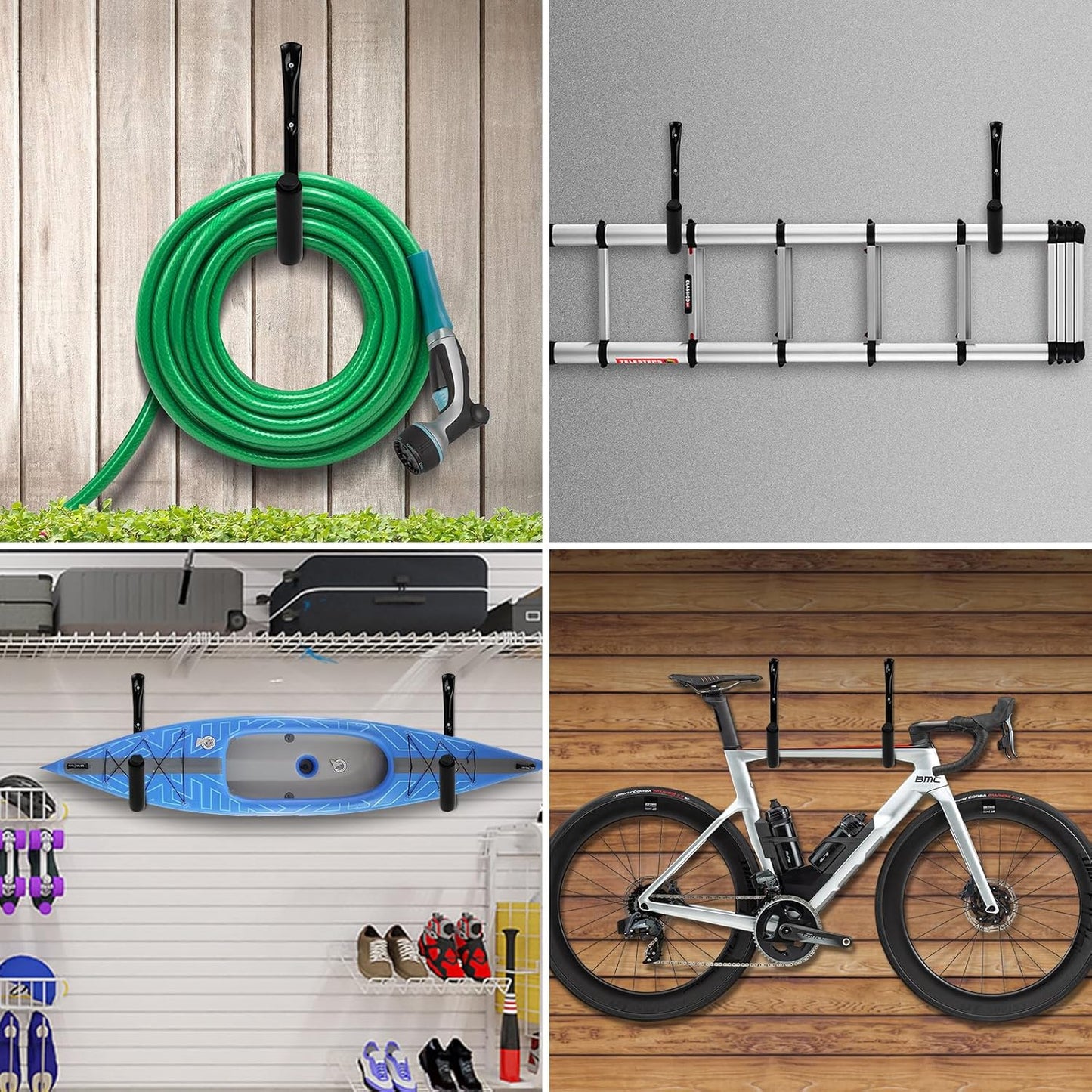 KURUI Heavy Duty Garage Storage Hooks - 100 LB Capacity Wall Mount Kayak Rack | 15" Black Hangers, 8 Pack for Indoor/Outdoor Use